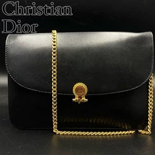 Christian Dior Logo Chain Shoulder Bag in Black Leather