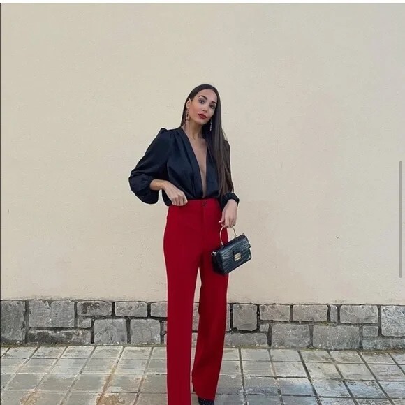 NWT Zara Red Francoise Full Length High Waist Trousers Pants Bloggers