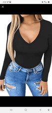 New Small Mangopop Black V-Neck Long Sleeve One Piece Bodysuit Top
