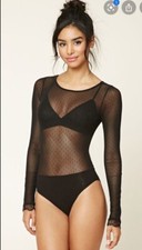 NWT Black Sheer Lace Bodysuit Cutout Front Blouse Top Size Small