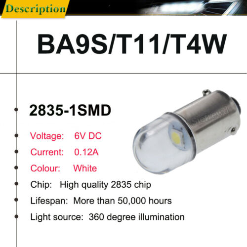 10Pcs 6V 6 Volt BA9S T4W 2835 1 LED Car Dash Map Light Side Parker Bulb White 6K - Picture 2 of 8