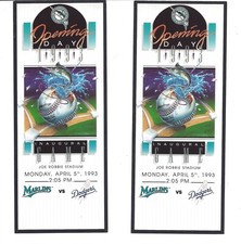 TWO  Florida Marlins vs Dodgers 4/5/1993 Opening Day Inaugural Ticket