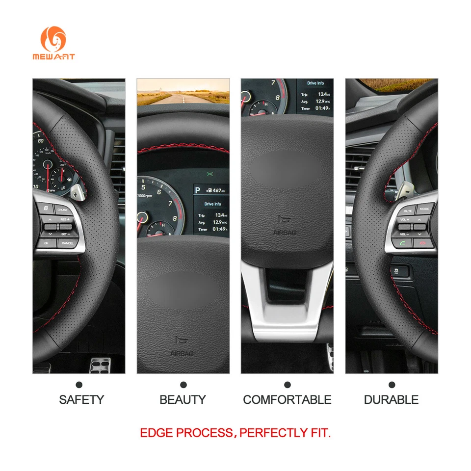 Black PU Leather Car Steering Wheel Cover for Hyundai Sonata (D Shape) 2017-2018 - Image 4 of 4