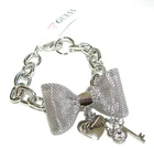 SILVER TONE GUESS CHAIN LINK BRACELET MESH BOW HANGING HEART,KEY CRYSTAL CHARMS