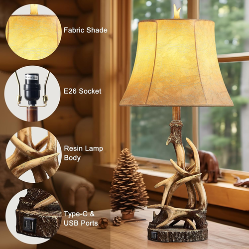 27.25'' Rustic Antler Table Lamps for Living Room with USB a + C Charging Ports - Picture 5 of 8