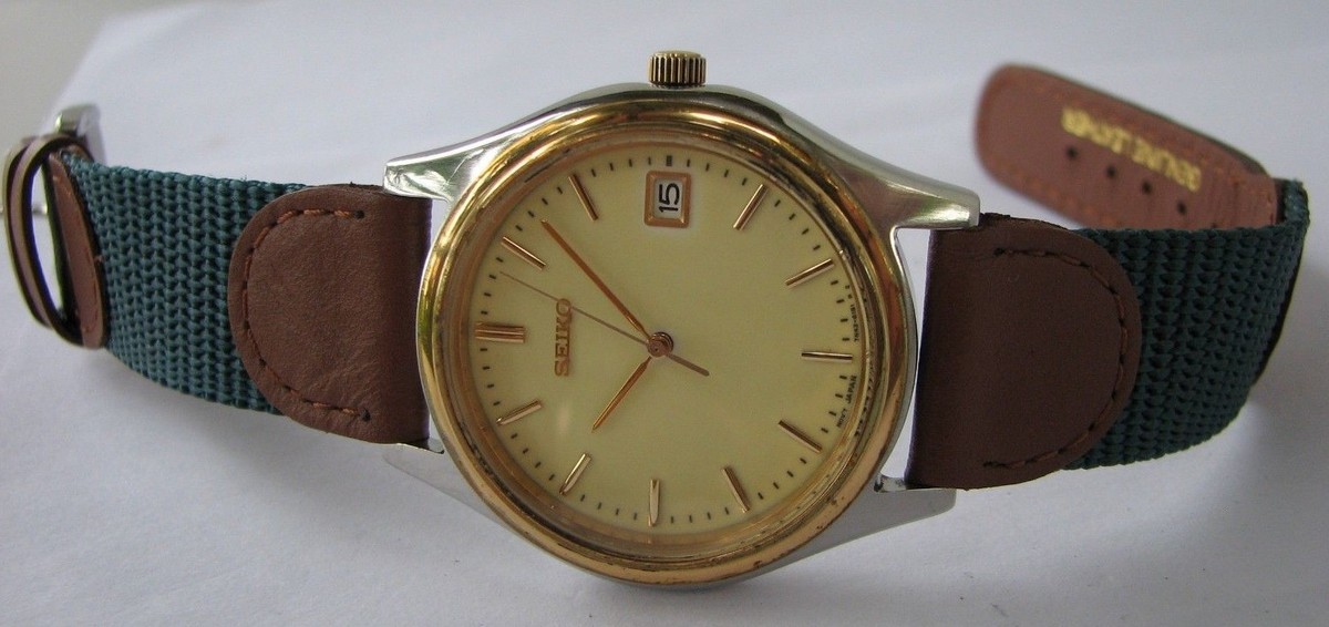 Seiko 7n42 Quartz Date Watch with New Fabric and Leather