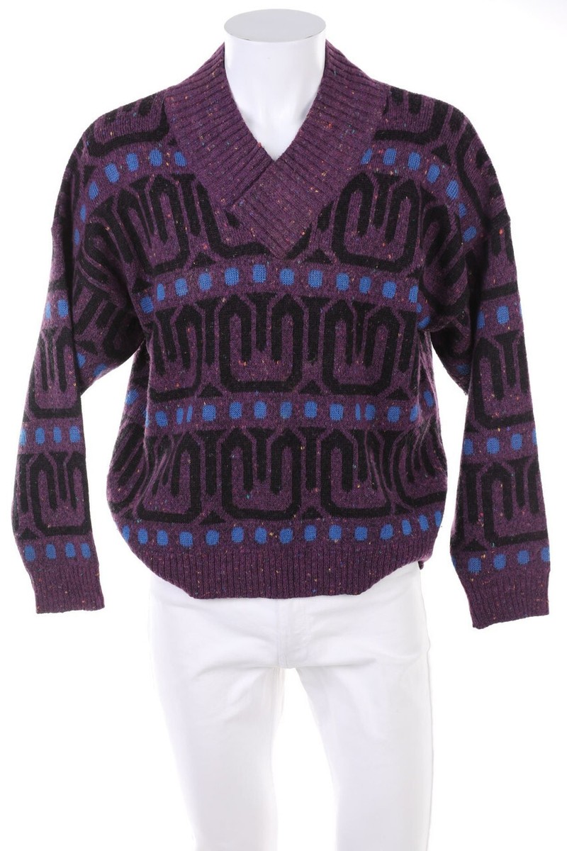 VINTAGE V-Neck-Pullover Woll-Mix Muster 60 violett schwarz