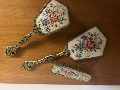 40er Jahre Petit Point Schminktisch Set, Bürste, Spiegel, Kleiderbürste 