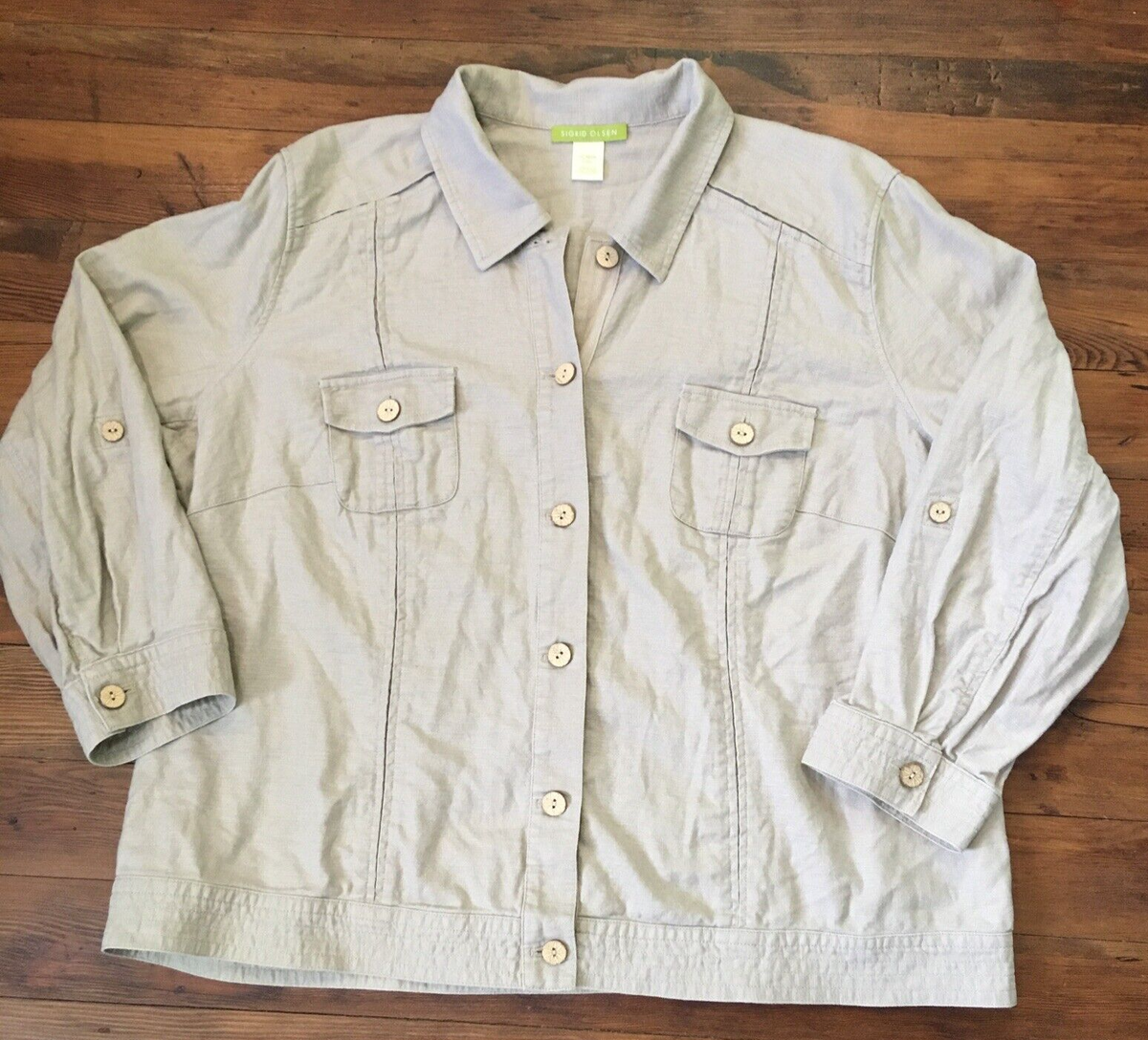 Sigrid Olsen Women Safari Jacket Size 16 Khaki Tan Linen Cotton Blend EUC