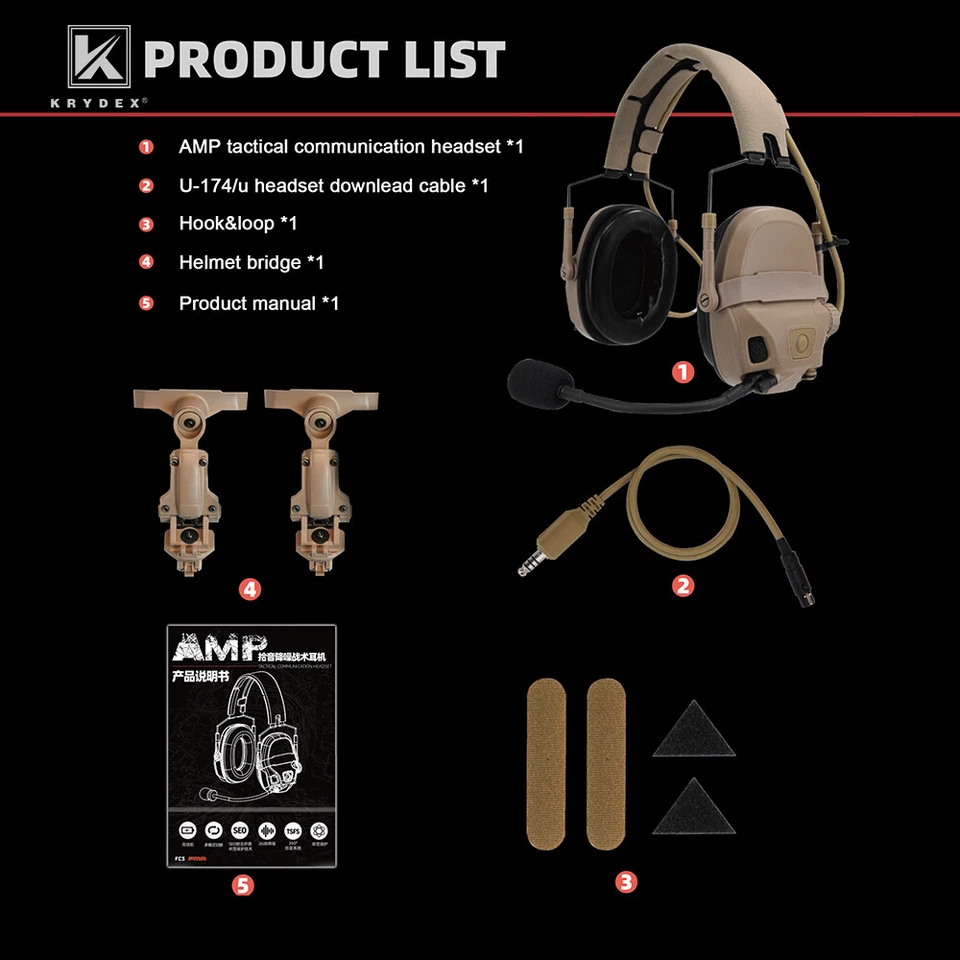 KRYDEX FCS fone de ouvido tático AMP captador redução de ruído capacete protetor auricular de tiro - Imagem 2 de 4