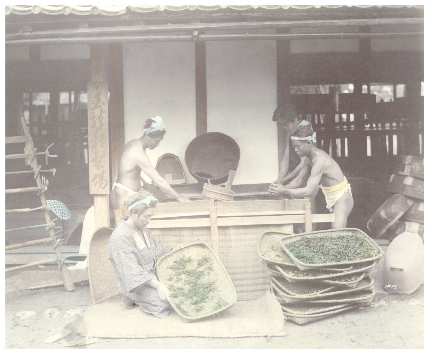 Japan, Men Making Tea vintage albumen print, numbered 1415 in the negative Tir