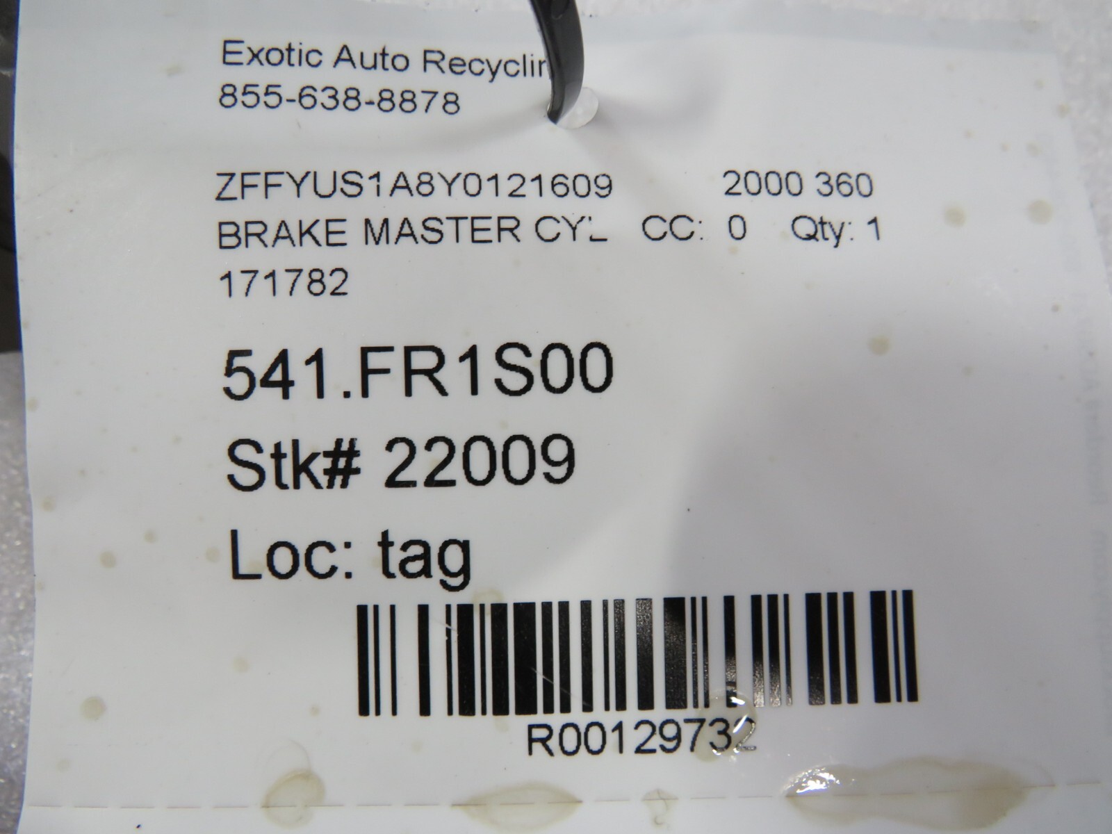 Ferrari 360, 355, 456, 550, 575, Brake Master Cylinder, Used, P/N 171782