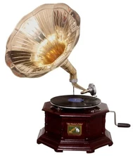 Replica Gramophone Player 78 rpm Hex phonograph Brass Horn HMV Vintage Wind up