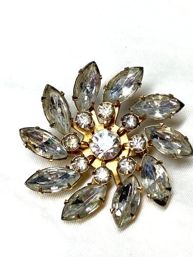 Vintage Clear Rhinestone Pinwheel Brooch Starburst Gold Tone Marquise and Round