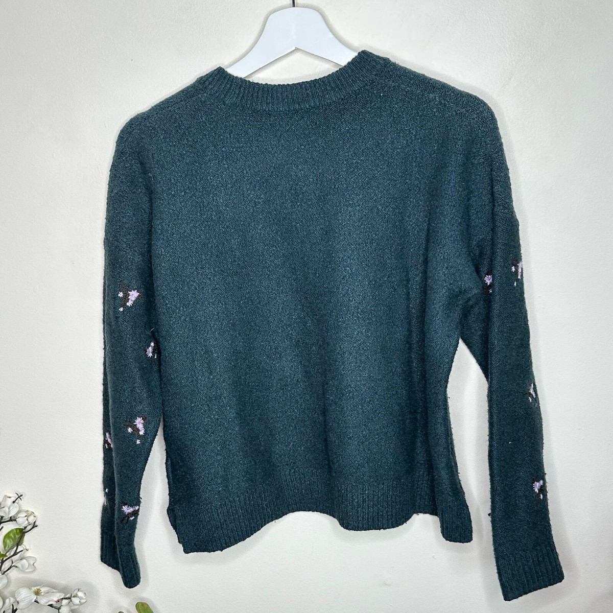 MADEWELL Embroidered Cross-Stitch Floral Pullover Sweater Teal