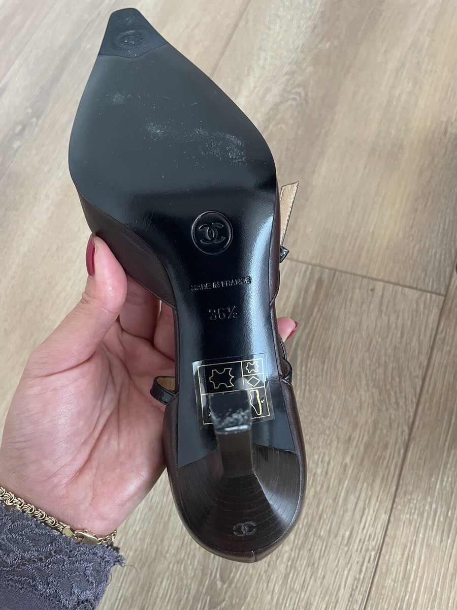 Chanel T-Strap Pumps 36.5 6.5 Two Tone Pointed Cap Toe Logo