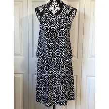 White House Black Market Geometric Print Blouson Dress Black White Size 8