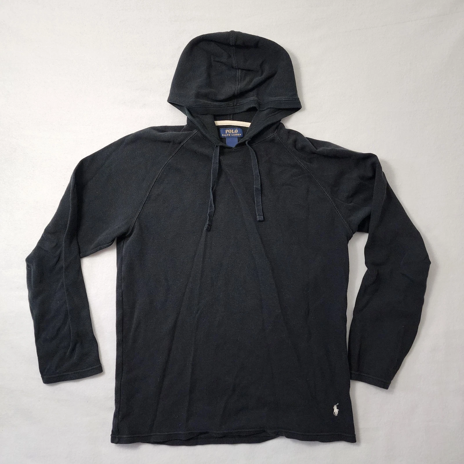 Polo Ralph Lauren Waffle Knit Hoodie Mens Large Black Thermal Lightweight Pony