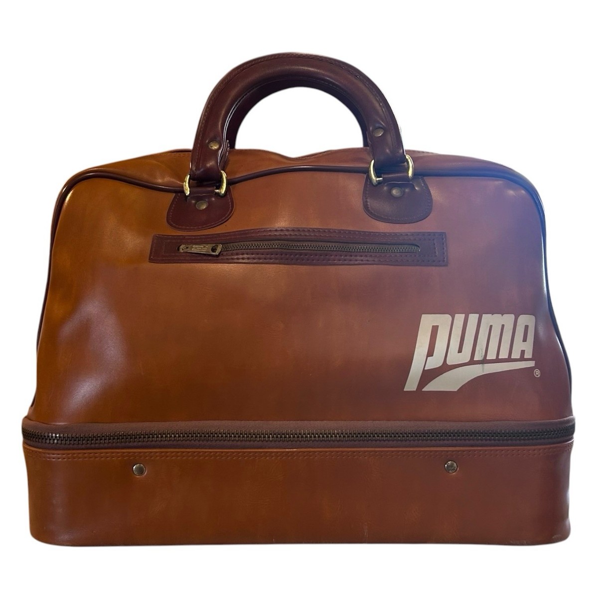 Vintage 70s Puma Leather Travel Bag Brown Duffel Taiwan Metal