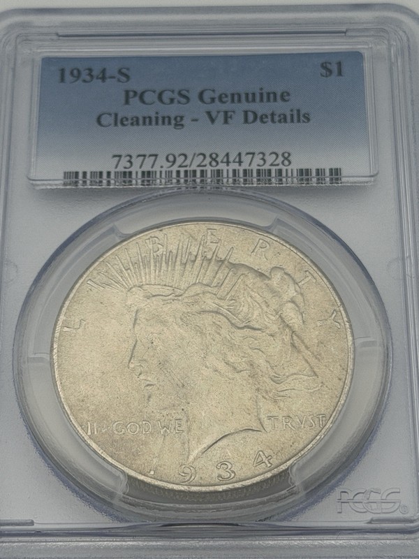 1934 S $1 Peace Silver Dollar PCGS Genuine - VF Details (Cleaned) VAM 3 (TOP 50)
