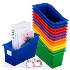 12 Pack Large Book Bins with Labels Durable Plastic,Stackable Rainbow
