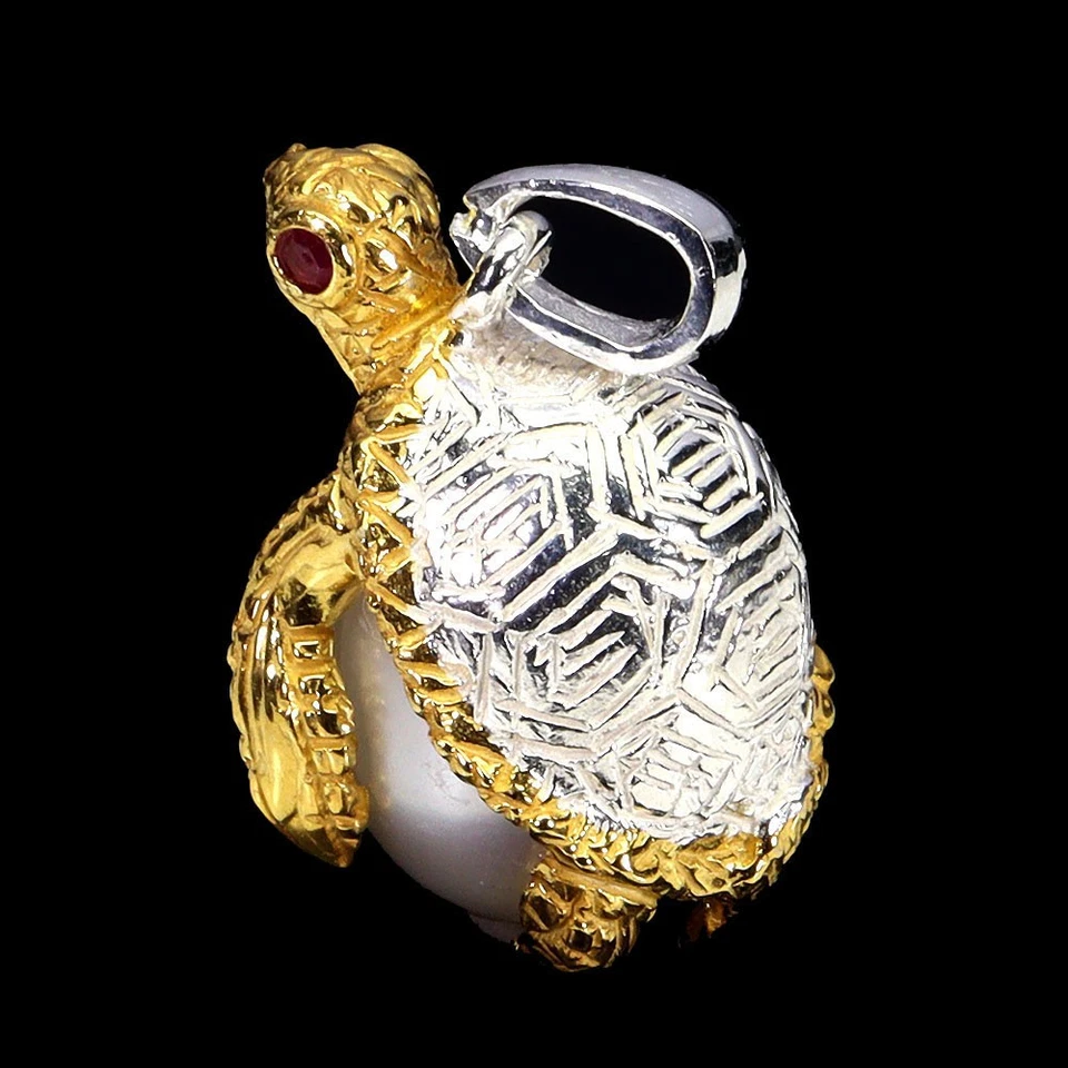 925 Sterling Silver Pendant Round Ruby Pearl Natural Gemstone Turtle Jewelry - Image 2 of 4