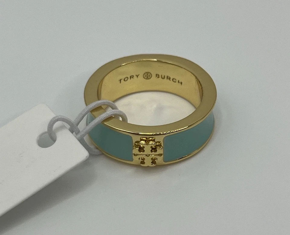 Anillo Tory Burch Esmalte Logo TB en Dorado y Verde Azulado Talla 7 Nuevo con Etiquetas Foto 4 de 4