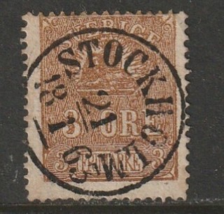 SWEDEN 1872 77 3 ÖRE BROWN RINGTYP FACIT 17 / Mi 17 STOCKHOLM CANCEL USED
