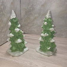 2pc Lot Dept 56 Heritage Village Accessories 7in Ceramic Snow-covered Pine Trees