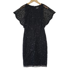 Adrianna Papell Black Sequin Flutter Sleeve Sheath Cocktail Dress Sz 2 Glam