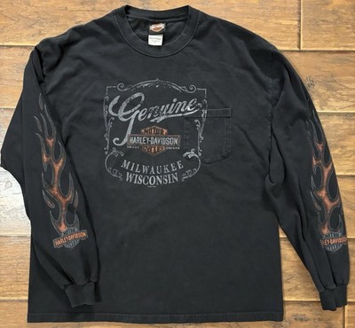 Sun Harley Davidson Denver Made In USA Flame Sleeve Eagle Black Moto Shirt XL