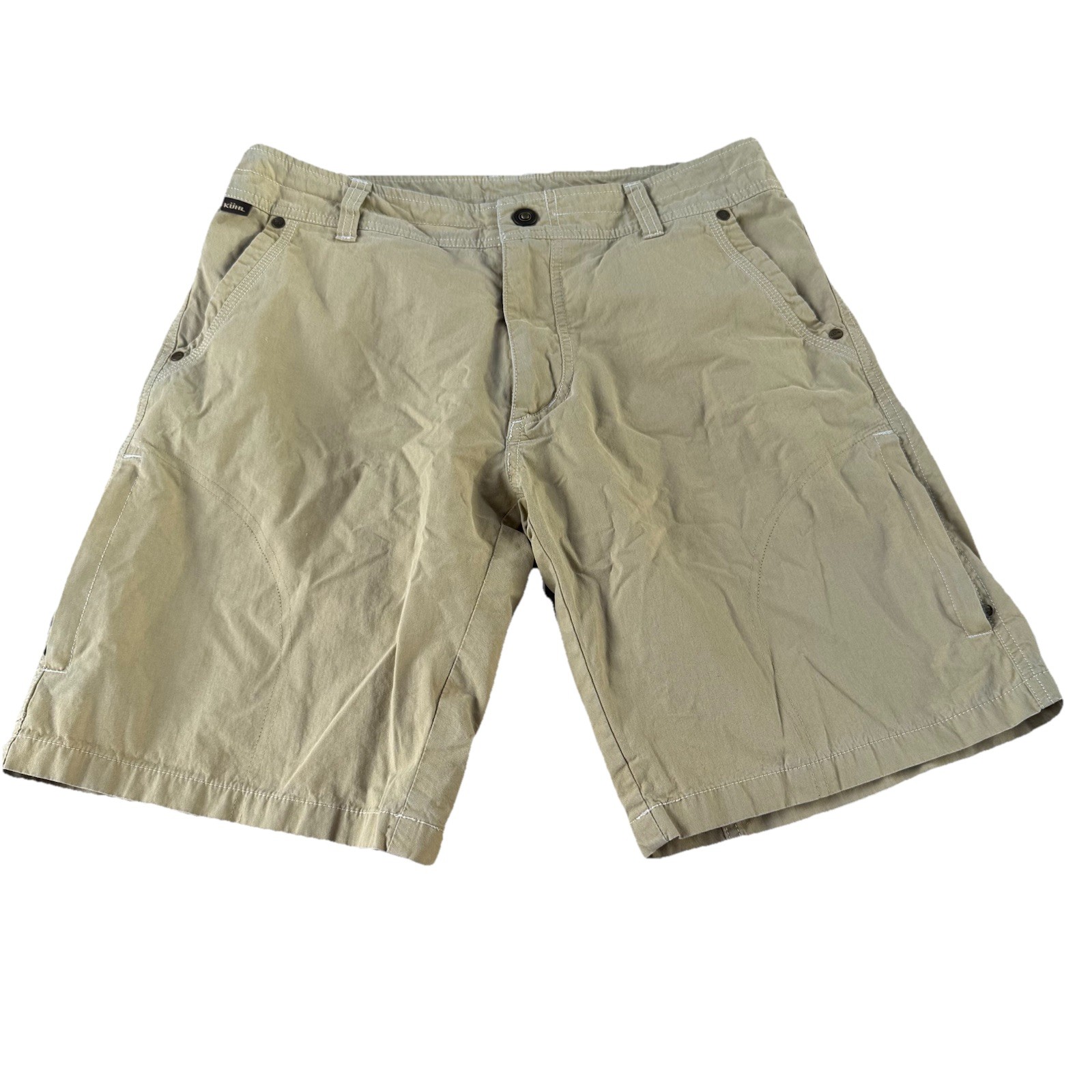 Kuhl Shorts Mens Sz 32 Cargo Beige Tan Canvas Vintage Patina Dye Hiking Outdoor