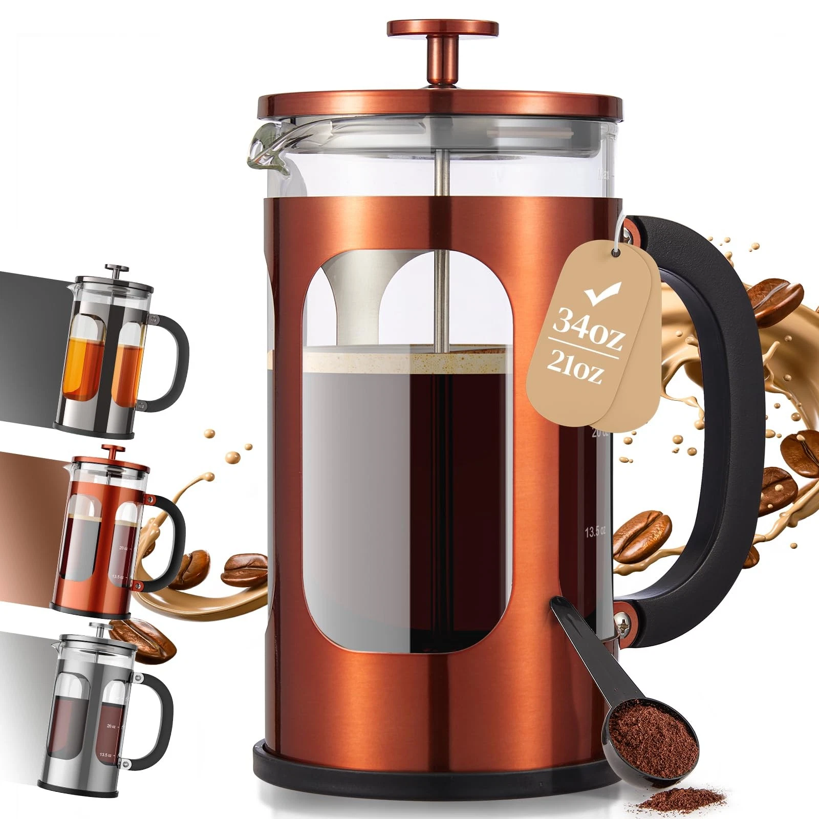 French Press Coffee Maker 34oz 1 L, No Plastic Touching Cafe, Heat Resistant ...