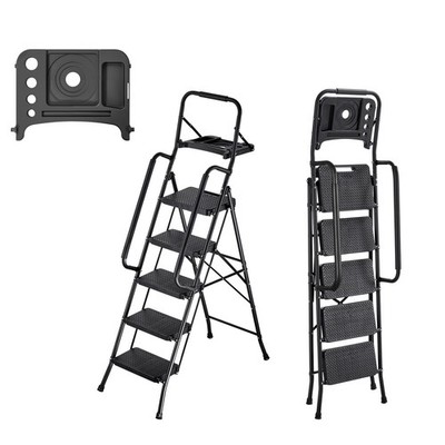 Uimoso 5 Step Ladder Steel Folding Wide Anti-Slip Tool Tray Dual Handrails