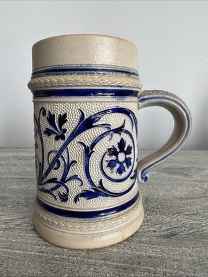 Antique Beer Stein Reinhold Hanke Blue White Pottery Mug #997 Germany