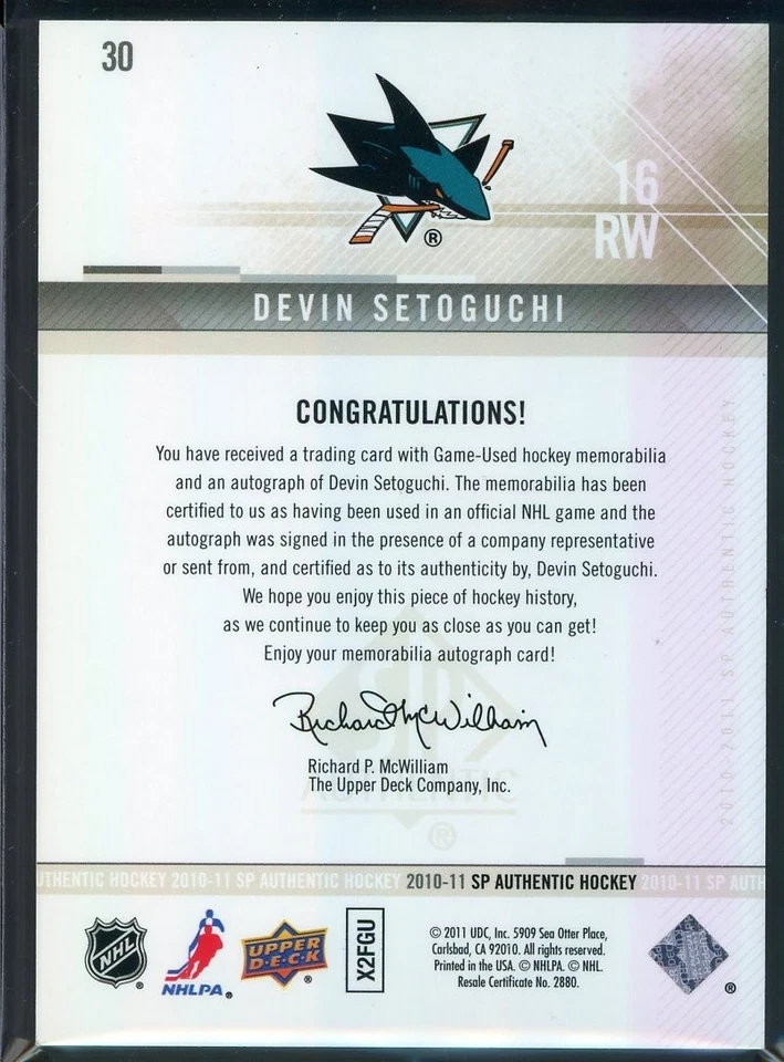 2010-11 SP Authentic Limited Autographed Patches #30 Devin Setoguchi 093/100 - Image 2 of 2