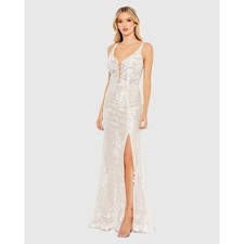 Mac Duggal NWT Glitter Floral Appliqué Sleeveless Mermaid Gown in Ivory Size 10