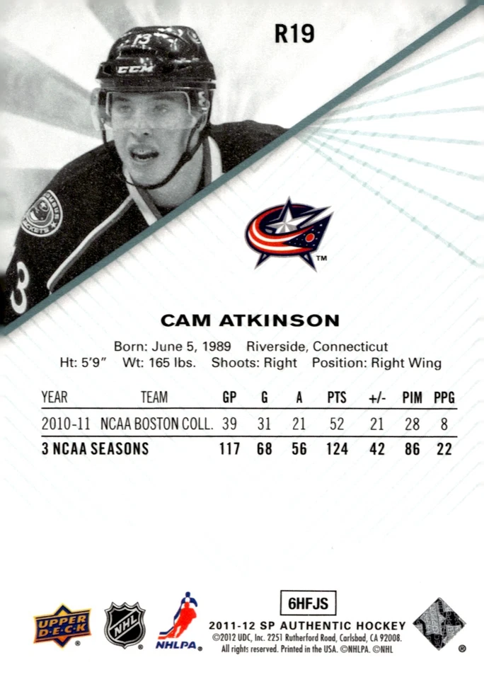 Cam Atkinson - Signed 2011-12 Upper Deck SP Authentic Card #R19 - Image 2 of 2