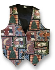 Vtg ON TOUR Womens Medium Polar Bear Penguins Vest Tapestry Tie Back