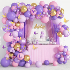 Kit de arco de guirnalda de globos con forma de mariposa de color morado y rosa,