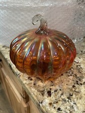 Art Glass Marigold Pumpkin Beautiful! Clear Stem Velvet Bottom 6” Tall And Round