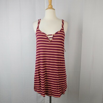 Jenni Ribbed Knit Sleeveless Ladder V-Neck Chemise Nightgown Red Stripe Medium