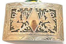 VINTAGE GUATEMALA 900 SILVER ETCHED MAYAN WARRIOR FACE OFF BELT BUCKLE 3" x 2"