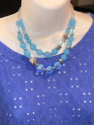 J CREW Iridescent Smoky Powder Blue Silver Spacer Two Layer Necklace NWOT  203