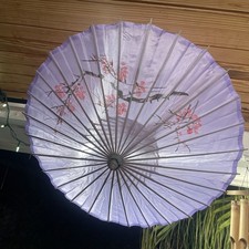Vintage Chinese Parasol/Umbrella Purple Flower Hand Painted Bamboo 30  