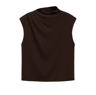 NWT MANGO MNG Sleeveless Top Gathered Asymmetrical Neck Dark Brown Women XS
