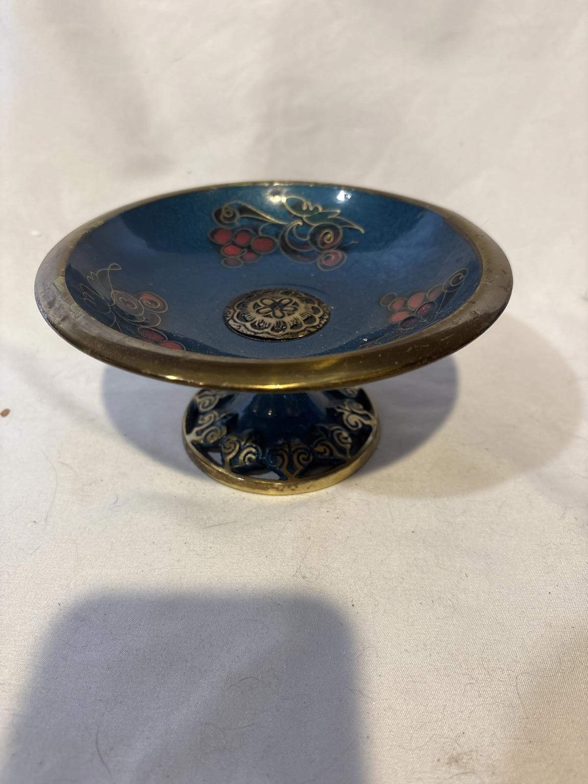 Vtg Tazza Bowl Blue Enamel Grape Hand-Painted Brass Pedestal Made In Israel