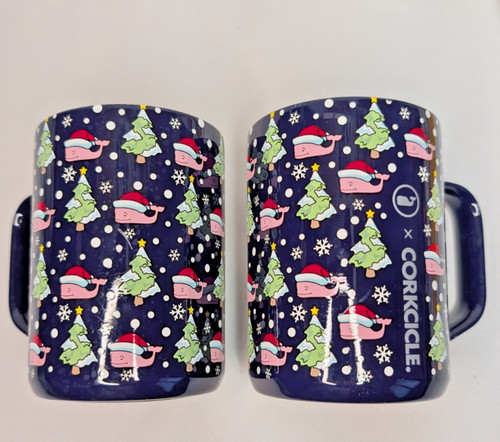 Pair CORKCICLE Metal Coffee Cups Vineyard Vines Design Navy Blue Santa Whale