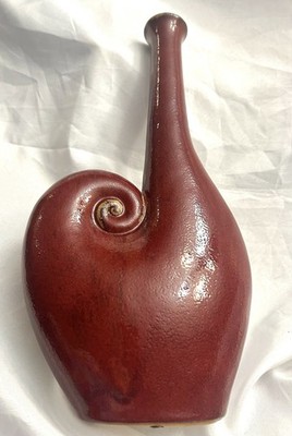 Oxblood Red Glazed Ceramic Swirl  Vase With Long Neck 16.50  X 8  Glazed Inside