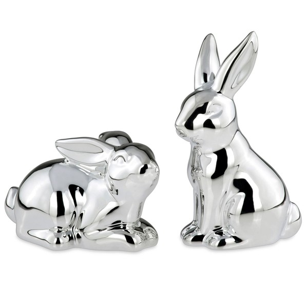 Deko Hasen-Paar Silber Porzellan 2Tlg Stehend Sitzend Hasenfigur Wohndeko Ostern-image
